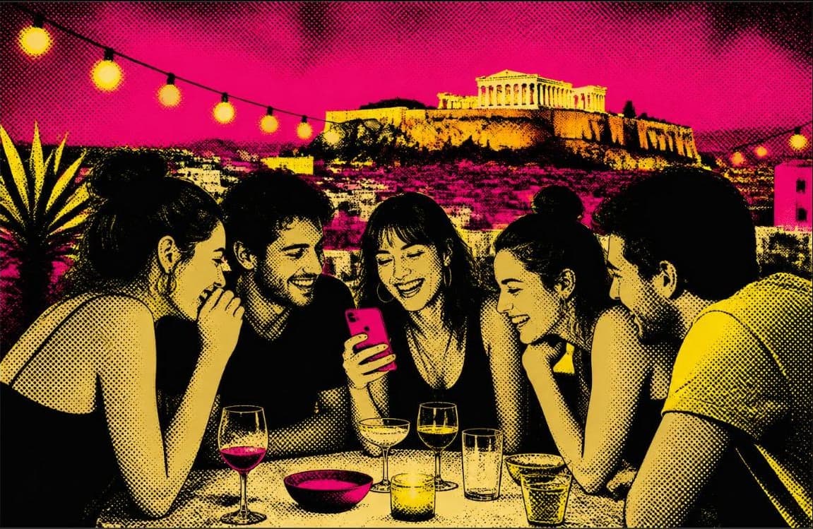 Παρέα φίλων παίζει PartyRoll σε ταράτσα με θέα την Ακρόπολη